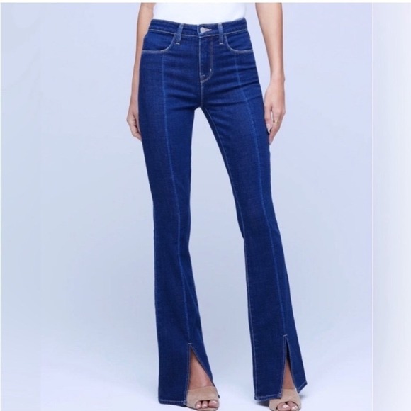 L'AGENCE Denim - L AGENCE High Rise Beatrix Flare Bootcut Jeans Dark Wash Split Hem Size 27